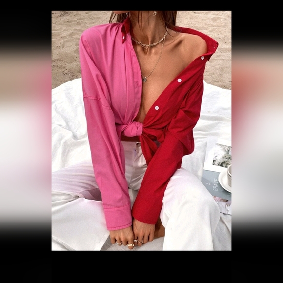 Tops - new medium Two Tone Pocket Patched Drop Shoulder Super Oversized Blouse